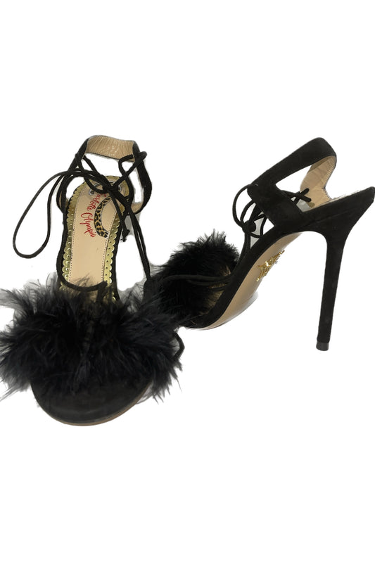 Charlotte Olympia Sandale elegante cu toc negre detaliate cu pene marimea 36