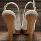 Sandale albe cu toc gros si platforma de lemn maro marimea 37